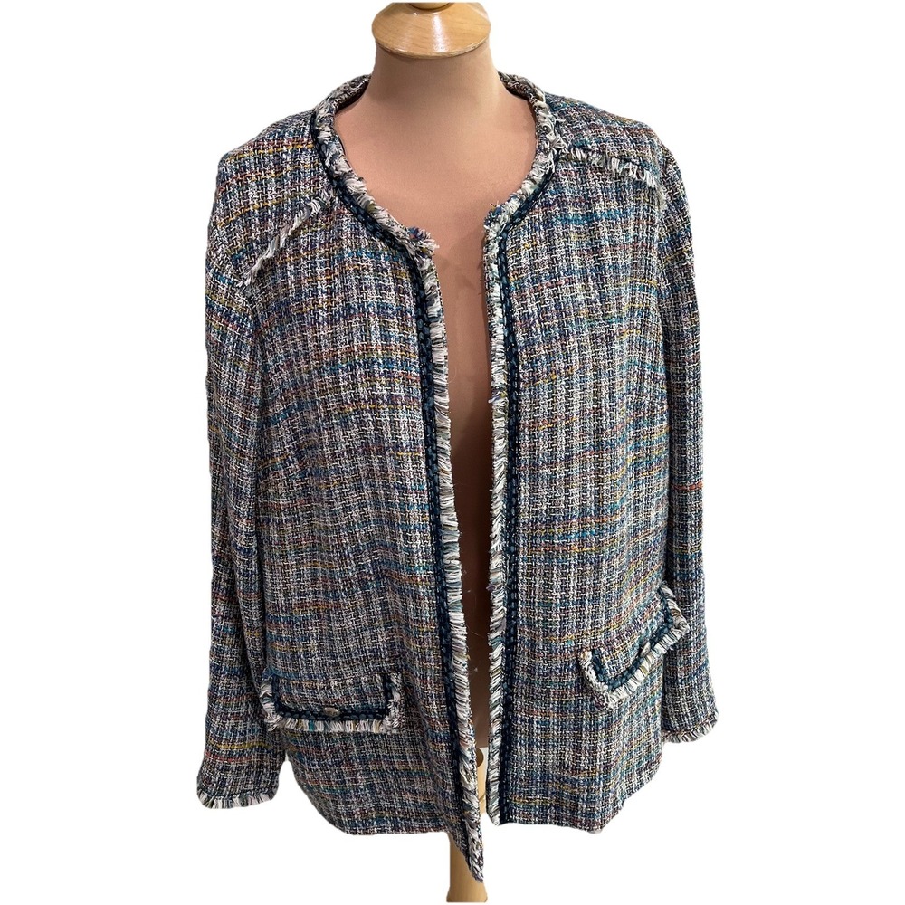 Violeta By Mango‎ Women's Tweed Jacket Size Large Blazer Fringe Old Money